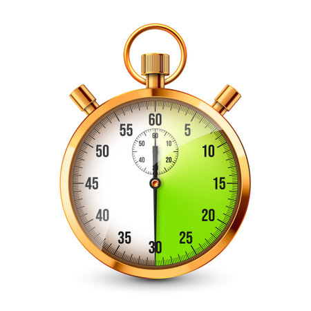 Realistic classic stopwatch. Shiny golden metal chronometer, time counter with dial. Green countdown timer showing minutes and seconds. Time measurement for sport, start, finish. Vector illustrationのイラスト素材
