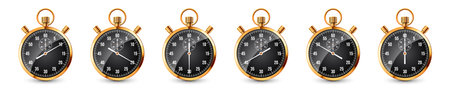 Realistic classic stopwatch. Shiny golden metal chronometer, time counter with dial. Countdown timer...