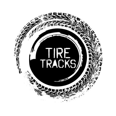 Grunge circle tire track, wheel braking mark. Truck, car or motorcycle tread pattern silhouettes. Auto race, motorsport, speed racing design element. Vector illustrationのイラスト素材