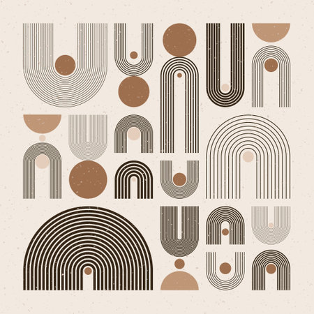 Arch and circle elements, modern geometric shapes. Contemporary design, mid century minimalist art. Trendy design elements for wall decor, posters, books, covers and flyers. Vector illustrationのイラスト素材