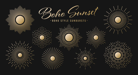 Vintage golden sunburst, sunset beams collection. Boho style, modern minimalist bohemian design. Hand drawn bursting sun, light rays. Logotype or lettering retro design element. Vector illustrationのイラスト素材