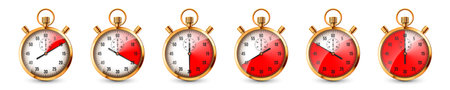 Realistic classic stopwatch. Shiny golden metal chronometer, time counter with dial. Red countdown timer showing minutes and seconds. Time measurement for sport, start, finish. Vector illustrationのイラスト素材