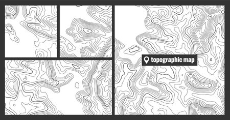 Colorful topographic map sets with contour lines. Geographic terrain grid, relief height elevation. Ground path pattern. Travel and navigation, cartography design element. Vector illustrationのイラスト素材