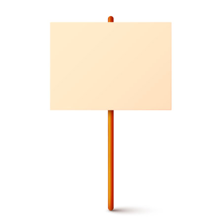 Blank colorful protest sign with wooden holder. Demonstration banner. Strike action cardboard placard mockup. Social advertisement. Vector illustrationのイラスト素材