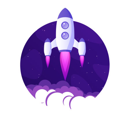 Rocket launch, space futuristic colorful background with planets and stars. Cartoon starship, spaceship in night sky. Solar system, galaxy and universe exploration. Vector illustrationのイラスト素材