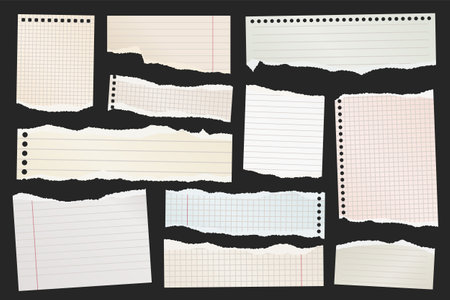 Ripped paper strips. Realistic crumpled paper scraps with torn edges. Shreds of notebook, book or old newspaper pages. Trendy collage elements. Vector illustrationのイラスト素材