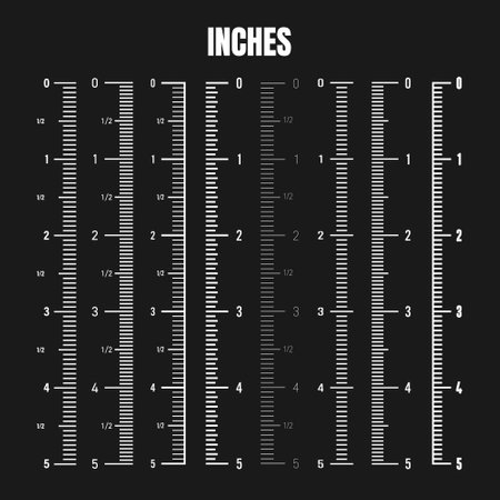 Vertical inch scale for measuring length or height. Various measurement scales with divisions. Ruler, tape measure marks, size indicators. Vector illustrationのイラスト素材