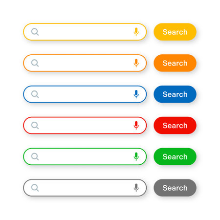 Various search bar templates. Internet browser engine with search box, address bar and text field. UI design, website interface element with web icons and push button. Vector illustrationのイラスト素材