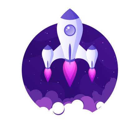 Rocket launch, space futuristic colorful background with planets and stars. Cartoon starship, spaceship in night sky. Solar system, galaxy and universe exploration. Vector illustrationのイラスト素材
