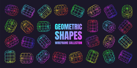 Neon lined wireframe shapes. Perspective mesh, 3d grid. Low poly geometric elements. Retro futuristic design elements, y2k, vaporwave and synthwave style. Vector illustrationのイラスト素材