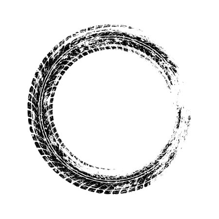 Grunge circle tire track, wheel braking mark. Truck, car or motorcycle tread pattern silhouettes. Auto race, motorsport, speed racing design element. Vector illustrationのイラスト素材