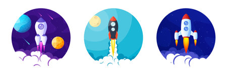 Rocket launch, space futuristic colorful background with planets and stars. Cartoon starship, spaceship in night sky. Solar system, galaxy and universe exploration. Vector illustrationのイラスト素材