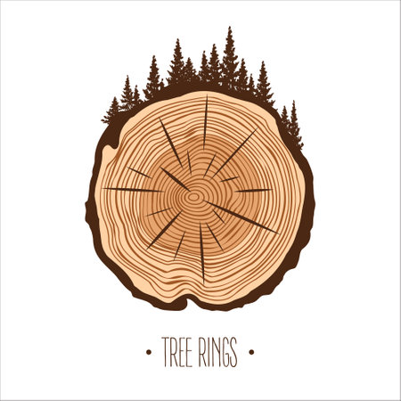 Round tree trunk cut with trees and forest. Sawn pine or oak slice, lumber. Saw cut timber, wood. Brown wooden texture with tree rings. Hand drawn sketch. Vector illustrationのイラスト素材