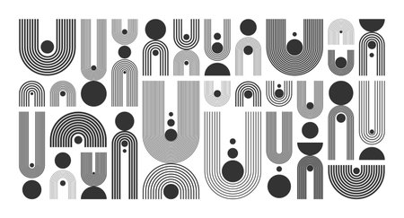 Arch and circle elements, modern geometric shapes. Contemporary design, mid century minimalist art. Trendy design elements for wall decor, posters, books, covers and flyers. Vector illustrationのイラスト素材