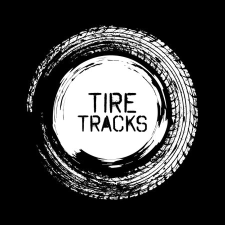 Grunge circle tire track, wheel braking mark. Truck, car or motorcycle tread pattern silhouettes. Auto race, motorsport, speed racing design element. Vector illustrationのイラスト素材
