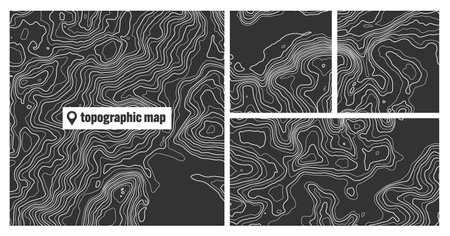 Colorful topographic map sets with contour lines. Geographic terrain grid, relief height elevation. Ground path pattern. Travel and navigation, cartography design element. Vector illustrationのイラスト素材