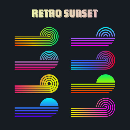 Vintage colorful sunset. Various gradient striped sunrise badges in 80s and 90s style. Sun and ocean view, summer vibes, surfing. Design element for print, logo or t-shirt. Vector illustrationのイラスト素材
