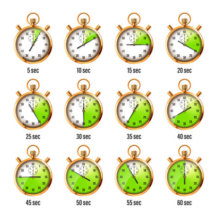 Realistic classic stopwatch. Shiny golden metal chronometer, time counter with dial. Green countdown timer showing minutes and seconds. Time measurement for sport, start, finish. Vector illustrationのイラスト素材