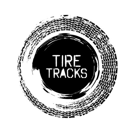 Grunge circle tire track, wheel braking mark. Truck, car or motorcycle tread pattern silhouettes. Auto race, motorsport, speed racing design element. Vector illustrationのイラスト素材