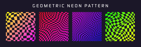 Groovy checkered pattern, colorful distorted tiled grid. Vintage wavy curved backdrop, distortion effect. Funky geometric chessboard texture, retro background in 90s style, y2k. Vector illustrationのイラスト素材