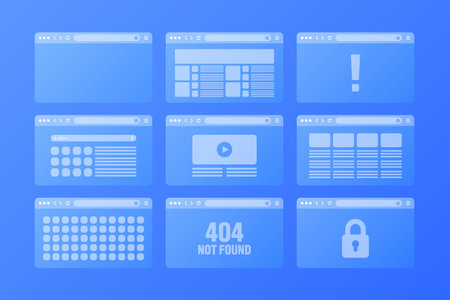 Web browser window, transparent pages layout with toolbar and search field. Modern website, internet page. Browser mockup for computer, tablet and smartphone. Adaptive UI. Vector illustrationのイラスト素材