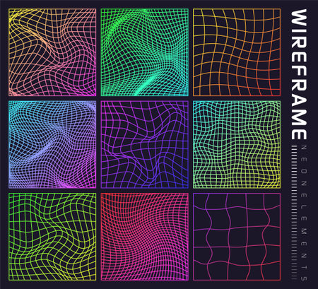 Colorful wireframe shapes, lined perspective mesh, 3d grid. Low poly geometric elements. Retro futuristic design elements, y2k, vaporwave and synthwave style. Vector illustrationのイラスト素材