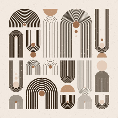 Arch and circle elements, modern geometric shapes. Contemporary design, mid century minimalist art. Trendy design elements for wall decor, posters, books, covers and flyers. Vector illustrationのイラスト素材