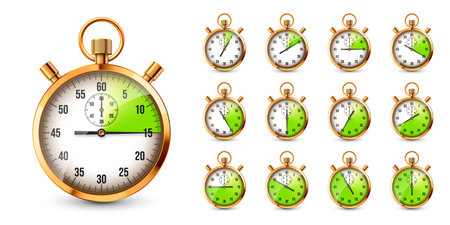 Realistic classic stopwatch. Shiny golden metal chronometer, time counter with dial. Green countdown timer showing minutes and seconds. Time measurement for sport, start, finish. Vector illustrationのイラスト素材