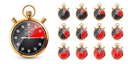 Realistic classic stopwatch. Shiny golden metal chronometer, time counter with dial. Red countdown timer showing minutes and seconds. Time measurement for sport, start, finish. Vector illustrationのイラスト素材