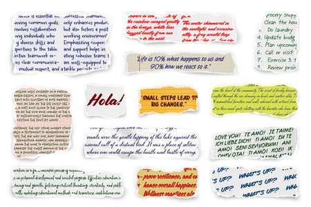 Ripped paper strips with handwritten text. Realistic crumpled paper scraps with torn edges. Shreds of notebook, book or old newspaper pages. Trendy collage elements. Vector illustrationのイラスト素材