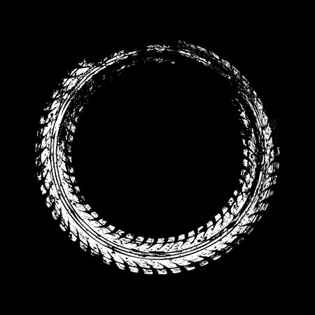 Grunge circle tire track, wheel braking mark. Truck, car or motorcycle tread pattern silhouettes. Auto race, motorsport, speed racing design element. Vector illustrationのイラスト素材