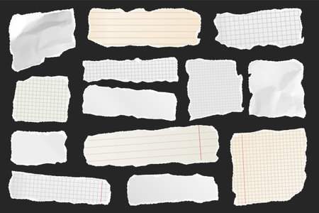 Ripped paper strips. Realistic crumpled paper scraps with torn edges. Shreds of notebook, book or old newspaper pages. Trendy collage elements. Vector illustrationのイラスト素材