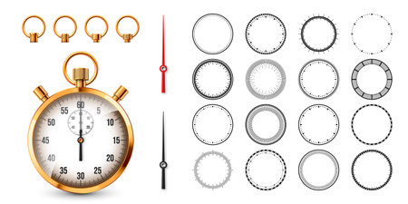 Realistic classic stopwatch. Shiny golden metal chronometer, time counter with dial. Countdown timer showing minutes and seconds. Time measurement for sport, start, finish. Vector illustrationのイラスト素材