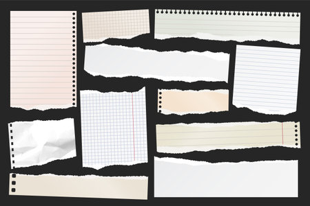 Ripped paper strips. Realistic crumpled paper scraps with torn edges. Shreds of notebook, book or old newspaper pages. Trendy collage elements. Vector illustrationのイラスト素材