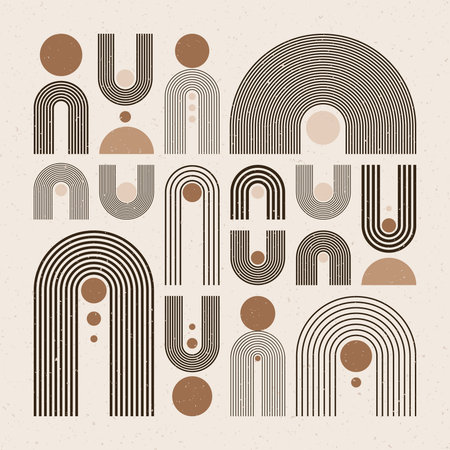 Arch and circle elements, modern geometric shapes. Contemporary design, mid century minimalist art. Trendy design elements for wall decor, posters, books, covers and flyers. Vector illustrationのイラスト素材
