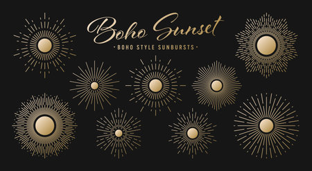 Vintage golden sunburst, sunset beams collection. Boho style, modern minimalist bohemian design. Hand drawn bursting sun, light rays. Logotype or lettering retro design element. Vector illustrationのイラスト素材