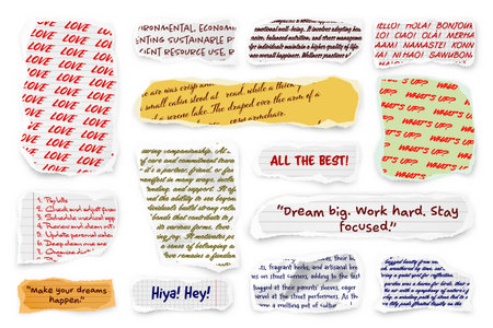 Ripped paper strips with handwritten text. Realistic crumpled paper scraps with torn edges. Shreds of notebook, book or old newspaper pages. Trendy collage elements. Vector illustrationのイラスト素材