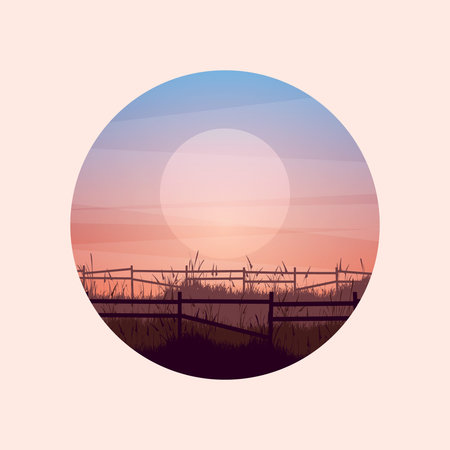 Meadow silhouettes with grass and old wooden fence. Countryside, round panoramic summer lawn rural landscape with herbs, weeds. Agriculture and farming. Summer sunset in nature. Vector illustrationのイラスト素材