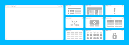 Web browser window, pages layout with toolbar and search field. Modern website, internet page in flat style. Browser mockup for computer, tablet and smartphone. Adaptive UI. Vector illustrationのイラスト素材
