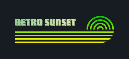 Vintage colorful sunset. Various gradient striped sunrise badges in 80s and 90s style. Sun and ocean view, summer vibes, surfing. Design element for print, logo or t-shirt. Vector illustrationのイラスト素材