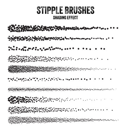 Ink scatter brush, stipple drawing and texturing. Fading gradient. Stippling, dotwork drawing, shading using dots. Halftone disintegration effect. White noise grainy texture. Vector illustrationのイラスト素材