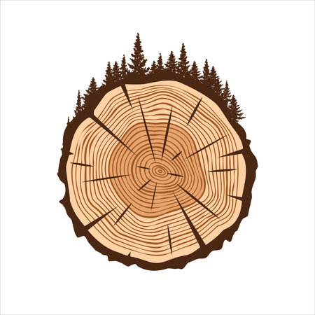 Round tree trunk cut with trees and forest. Sawn pine or oak slice, lumber. Saw cut timber, wood. Brown wooden texture with tree rings. Hand drawn sketch. Vector illustrationのイラスト素材