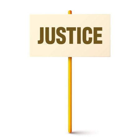 Protest sign with text slogan and wooden holder. Demonstration banner. Strike action cardboard placard mockup. Social advertisement. Vector illustrationのイラスト素材