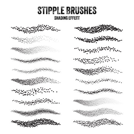 Ink scatter brush, stipple drawing and texturing. Fading gradient. Stippling, dotwork drawing, shading using dots. Halftone disintegration effect. White noise grainy texture. Vector illustrationのイラスト素材