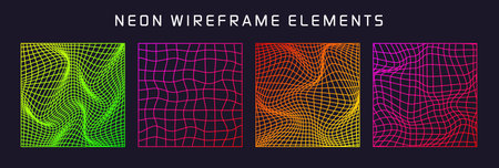 Colorful wireframe shapes, lined perspective mesh, 3d grid. Low poly geometric elements. Retro futuristic design elements, y2k, vaporwave and synthwave style. Vector illustrationのイラスト素材