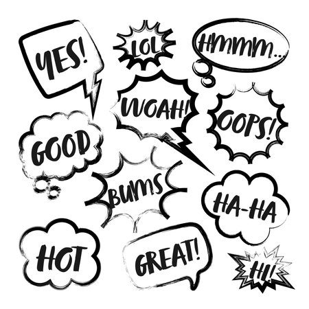Grunge comic speech bubbles with handwritten text, brush strokes, ink smudges, acrylic stains or charcoal streaks. Hand drawn retro cartoon stickers. Chatting, message box. Vector illustrationのイラスト素材