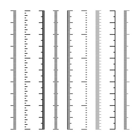 Vertical measurement scales with divisions. Realistic scale for measuring length or height in centimeters, millimeters or inches. Ruler, tape measure marks, size indicators. Vector illustrationのイラスト素材