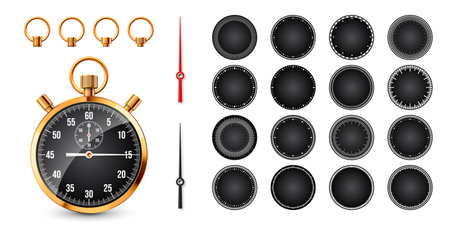 Realistic classic stopwatch. Shiny golden metal chronometer, time counter with dial. Countdown timer showing minutes and seconds. Time measurement for sport, start, finish. Vector illustrationのイラスト素材