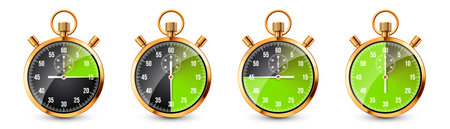 Realistic classic stopwatch. Shiny golden metal chronometer, time counter with dial. Green countdown...