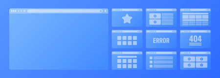Web browser window, transparent pages layout with toolbar and search field. Modern website, internet...